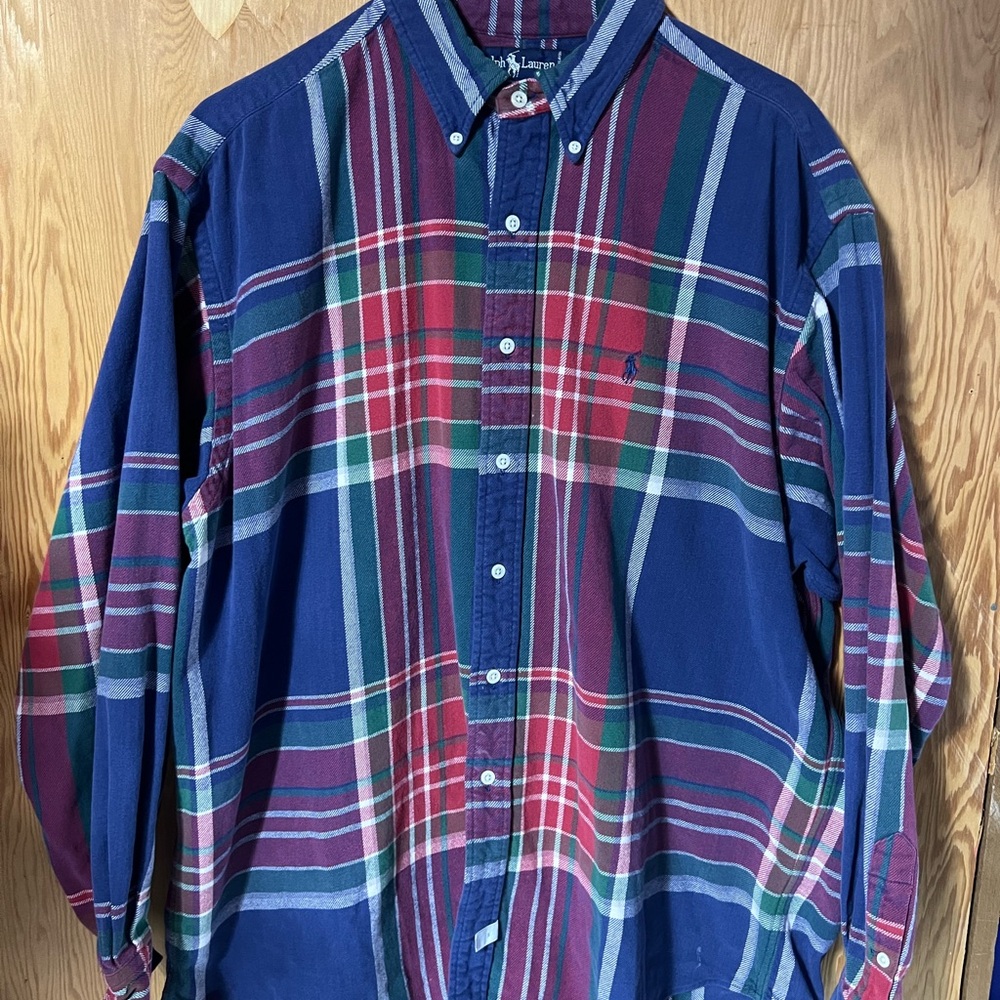 Ralph Lauren Plaid XL Long Sleeve Button-Up Shirt - Blue, Red, Green & Burgundy.